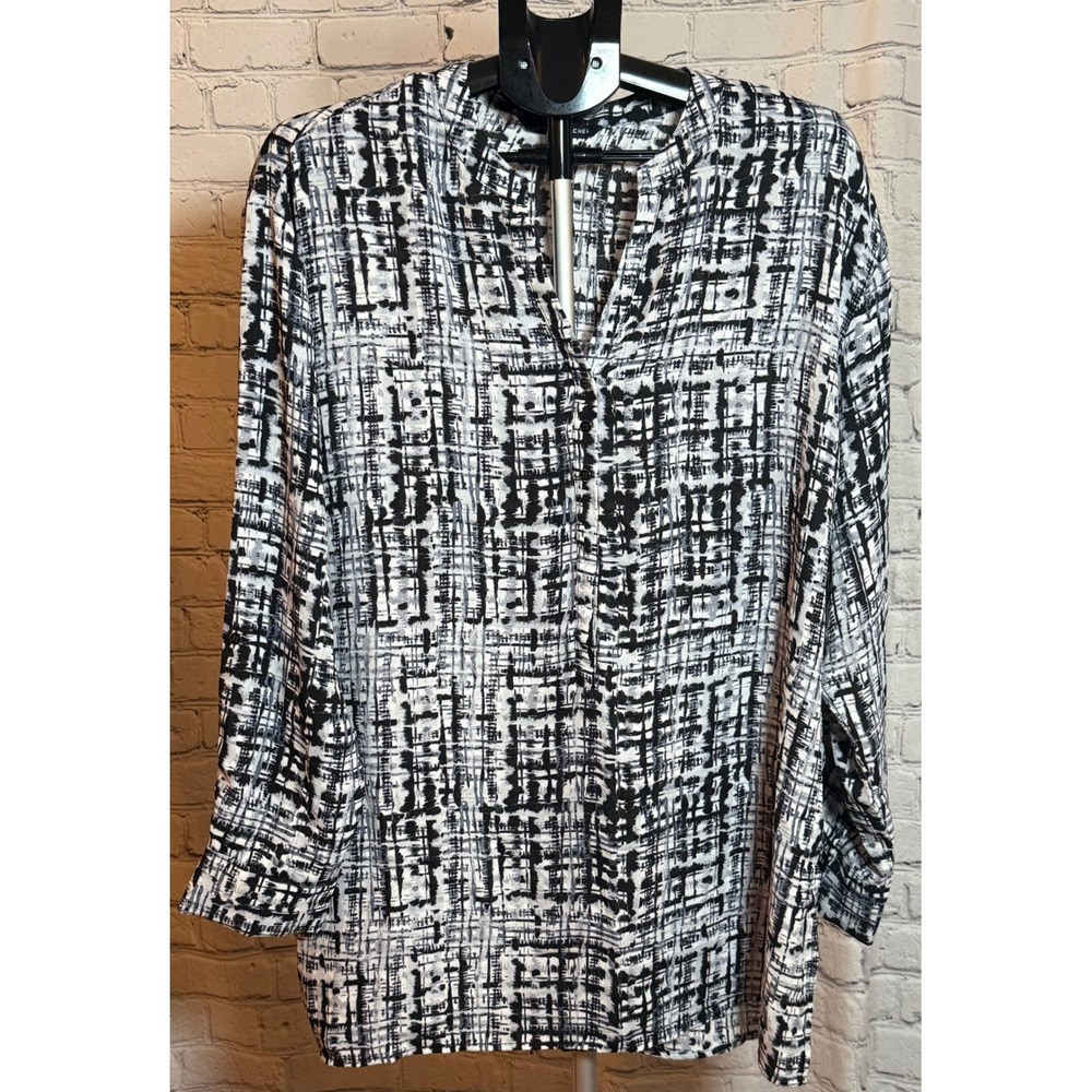 Zac & Rachel Womens XL Black White Abstract Grid Print V-Neck Blouse Long Sleeve